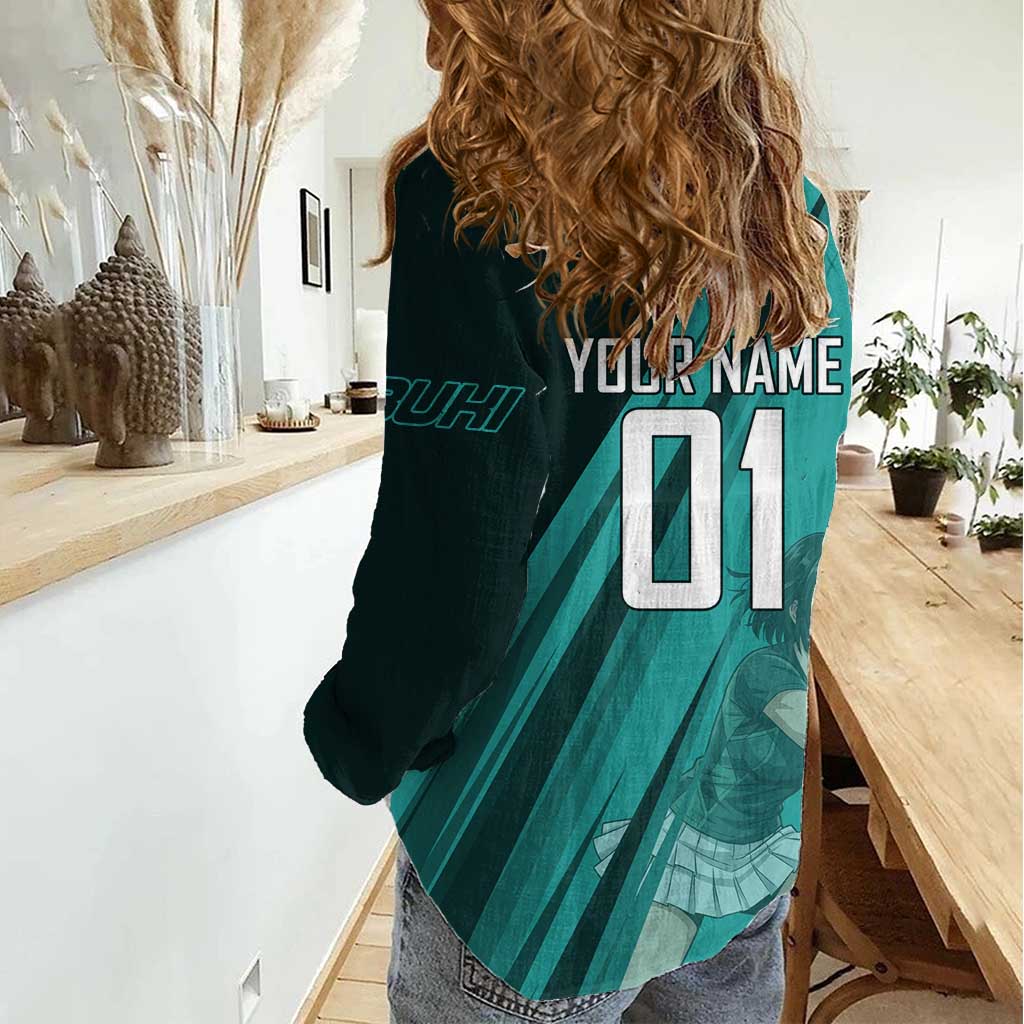 Personalized Fubuki Volleyball Design Women Casual Shirt with Teal Athletic Theme and Dynamic Action Pose