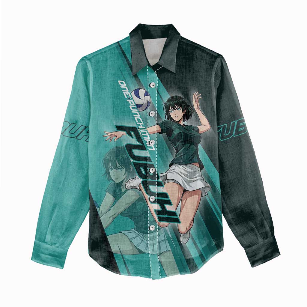 Personalized Fubuki Volleyball Design Women Casual Shirt with Teal Athletic Theme and Dynamic Action Pose