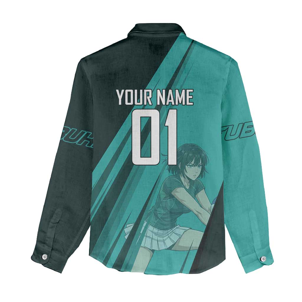Personalized Fubuki Volleyball Design Women Casual Shirt with Teal Athletic Theme and Dynamic Action Pose