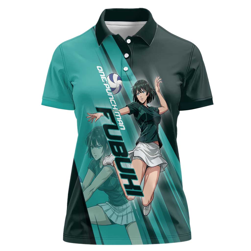 Personalized Fubuki Volleyball Design Women Polo Shirt with Teal Athletic Theme and Dynamic Action Pose