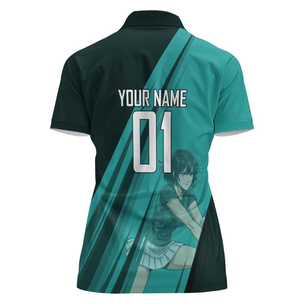Personalized Fubuki Volleyball Design Women Polo Shirt with Teal Athletic Theme and Dynamic Action Pose