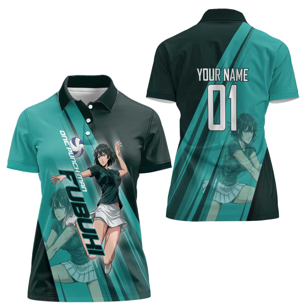Personalized Fubuki Volleyball Design Women Polo Shirt with Teal Athletic Theme and Dynamic Action Pose