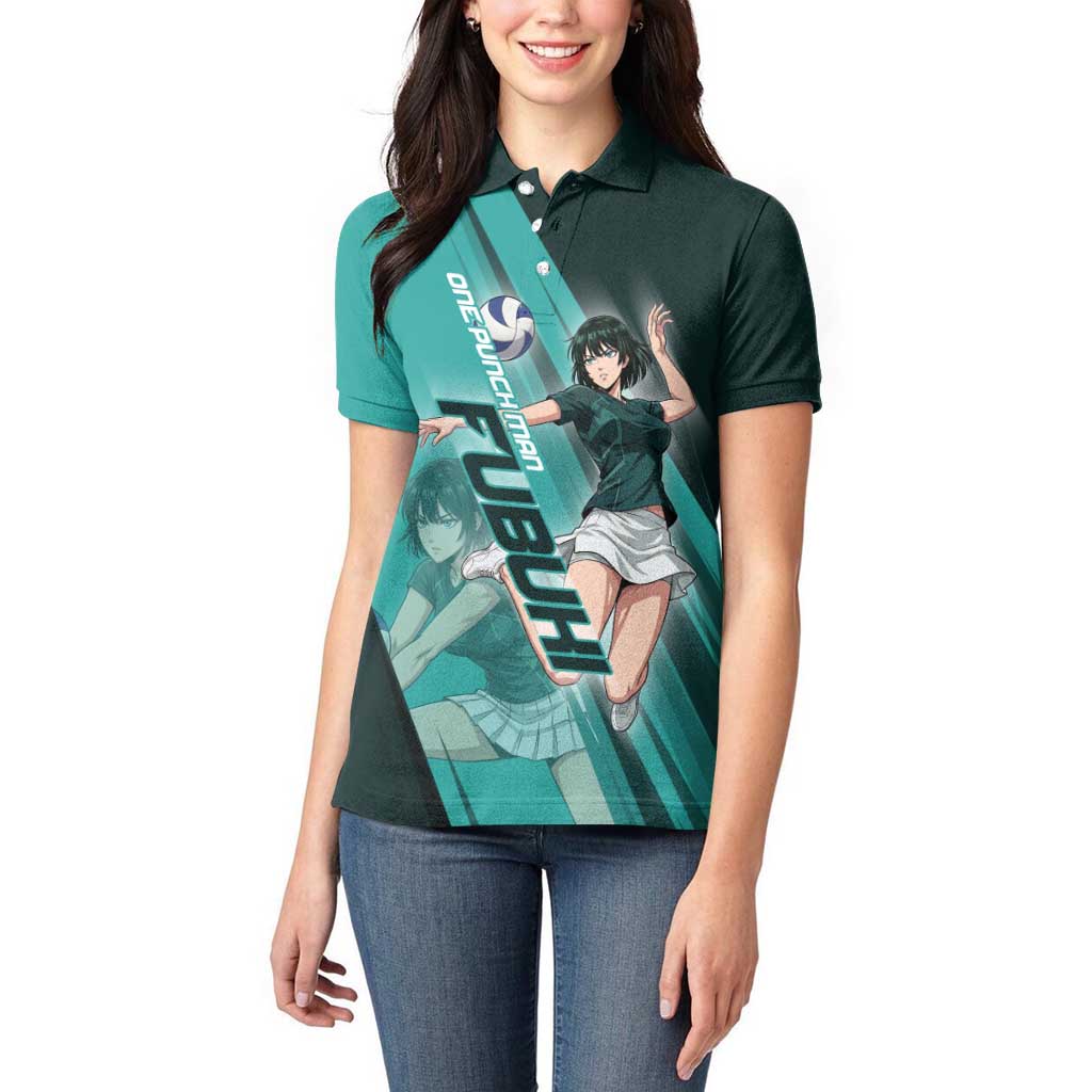 Personalized Fubuki Volleyball Design Women Polo Shirt with Teal Athletic Theme and Dynamic Action Pose