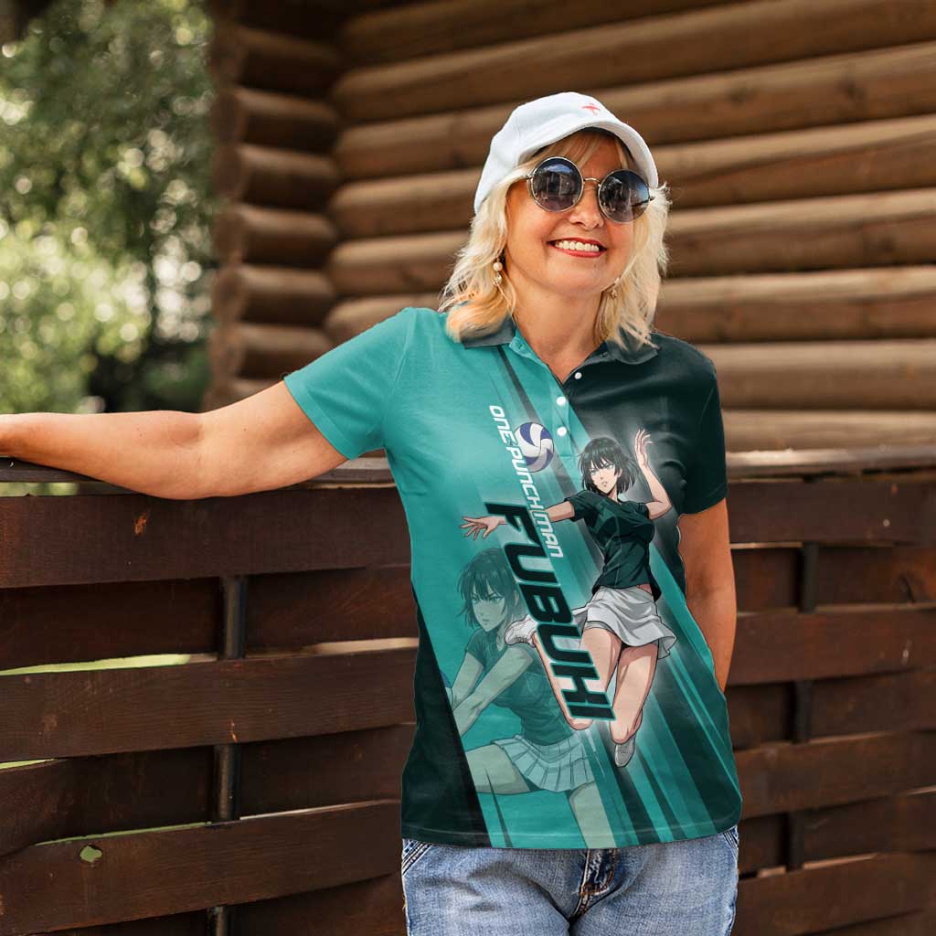 Personalized Fubuki Volleyball Design Women Polo Shirt with Teal Athletic Theme and Dynamic Action Pose