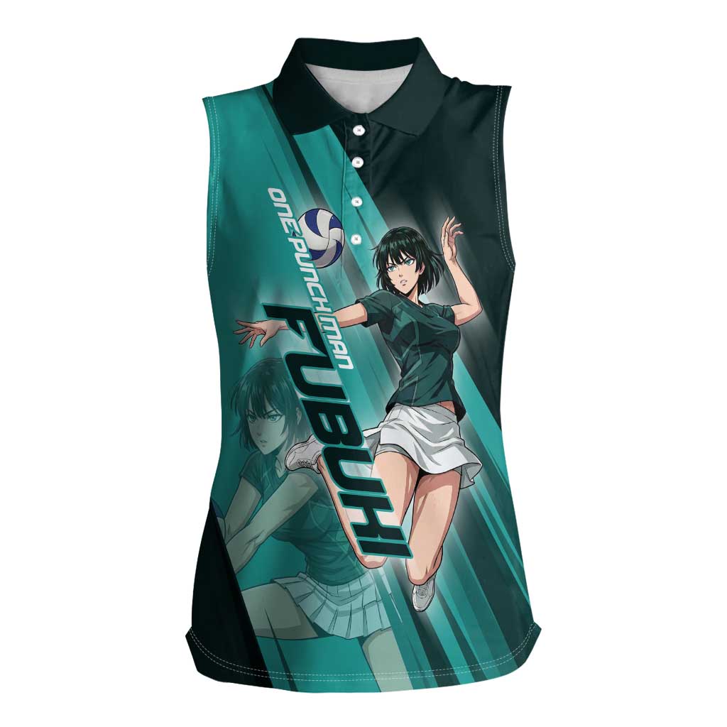 Personalized Fubuki Volleyball Design Women Sleeveless Polo Shirt with Teal Athletic Theme and Dynamic Action Pose