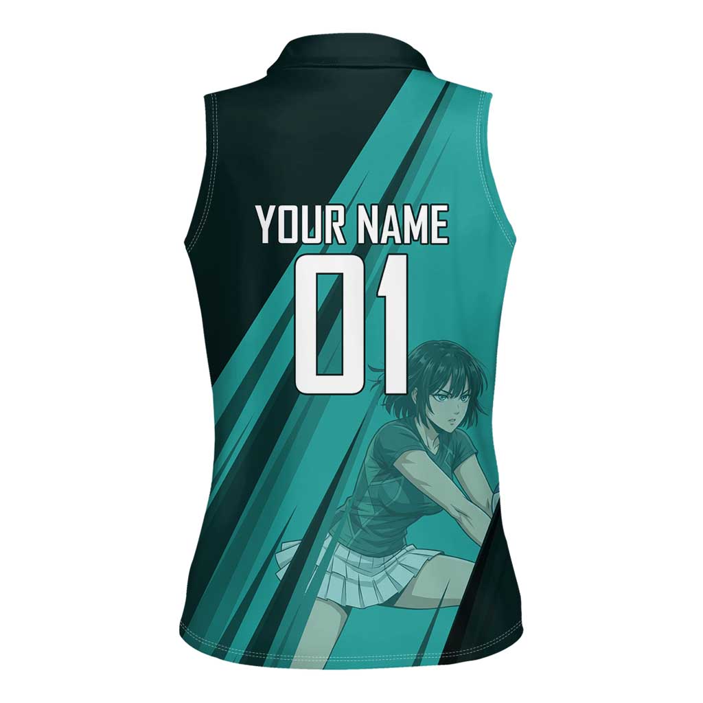 Personalized Fubuki Volleyball Design Women Sleeveless Polo Shirt with Teal Athletic Theme and Dynamic Action Pose