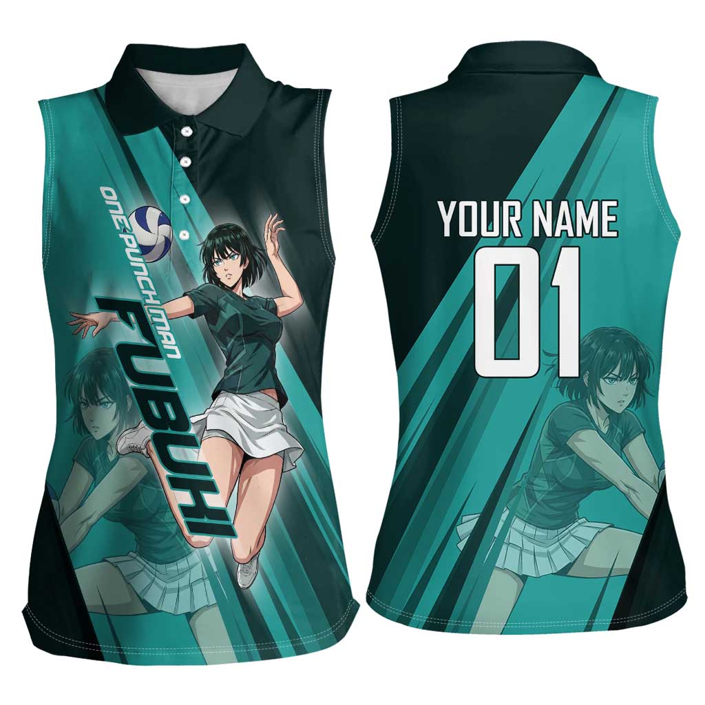 Personalized Fubuki Volleyball Design Women Sleeveless Polo Shirt with Teal Athletic Theme and Dynamic Action Pose