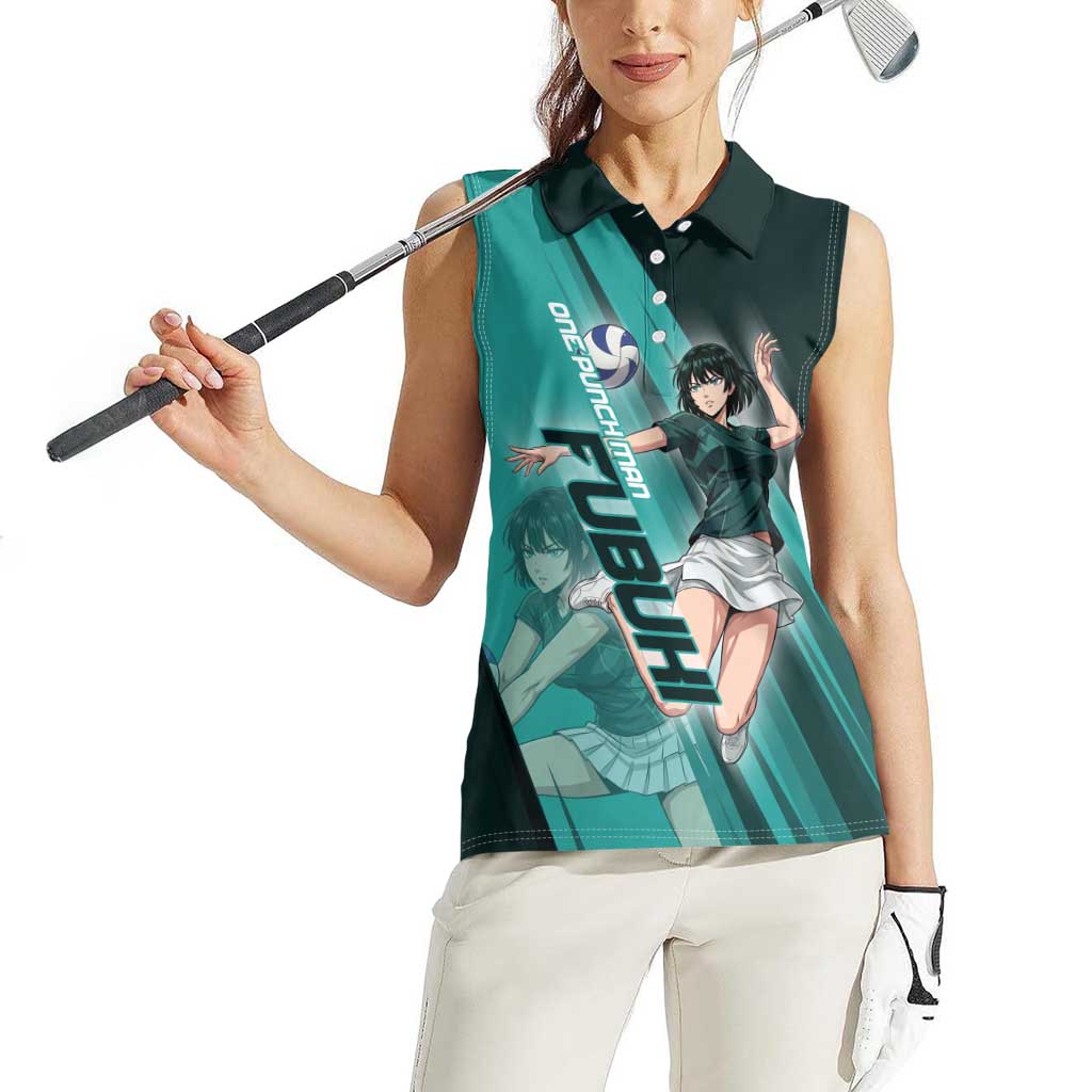 Personalized Fubuki Volleyball Design Women Sleeveless Polo Shirt with Teal Athletic Theme and Dynamic Action Pose
