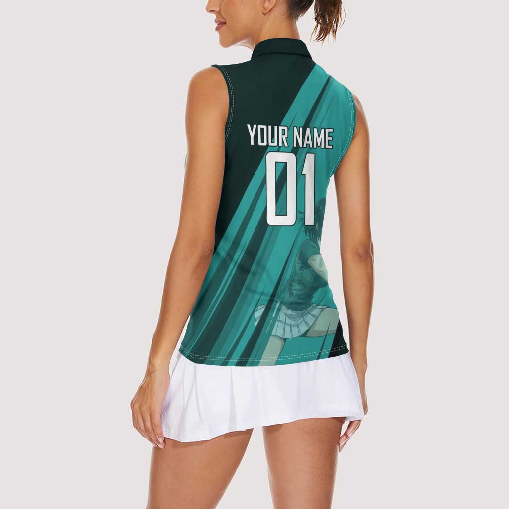 Personalized Fubuki Volleyball Design Women Sleeveless Polo Shirt with Teal Athletic Theme and Dynamic Action Pose