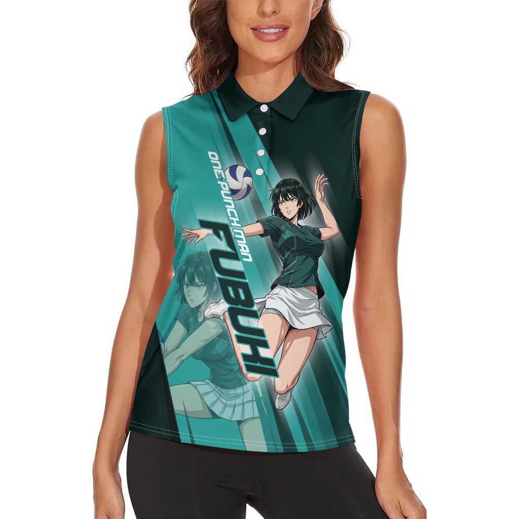 Personalized Fubuki Volleyball Design Women Sleeveless Polo Shirt with Teal Athletic Theme and Dynamic Action Pose