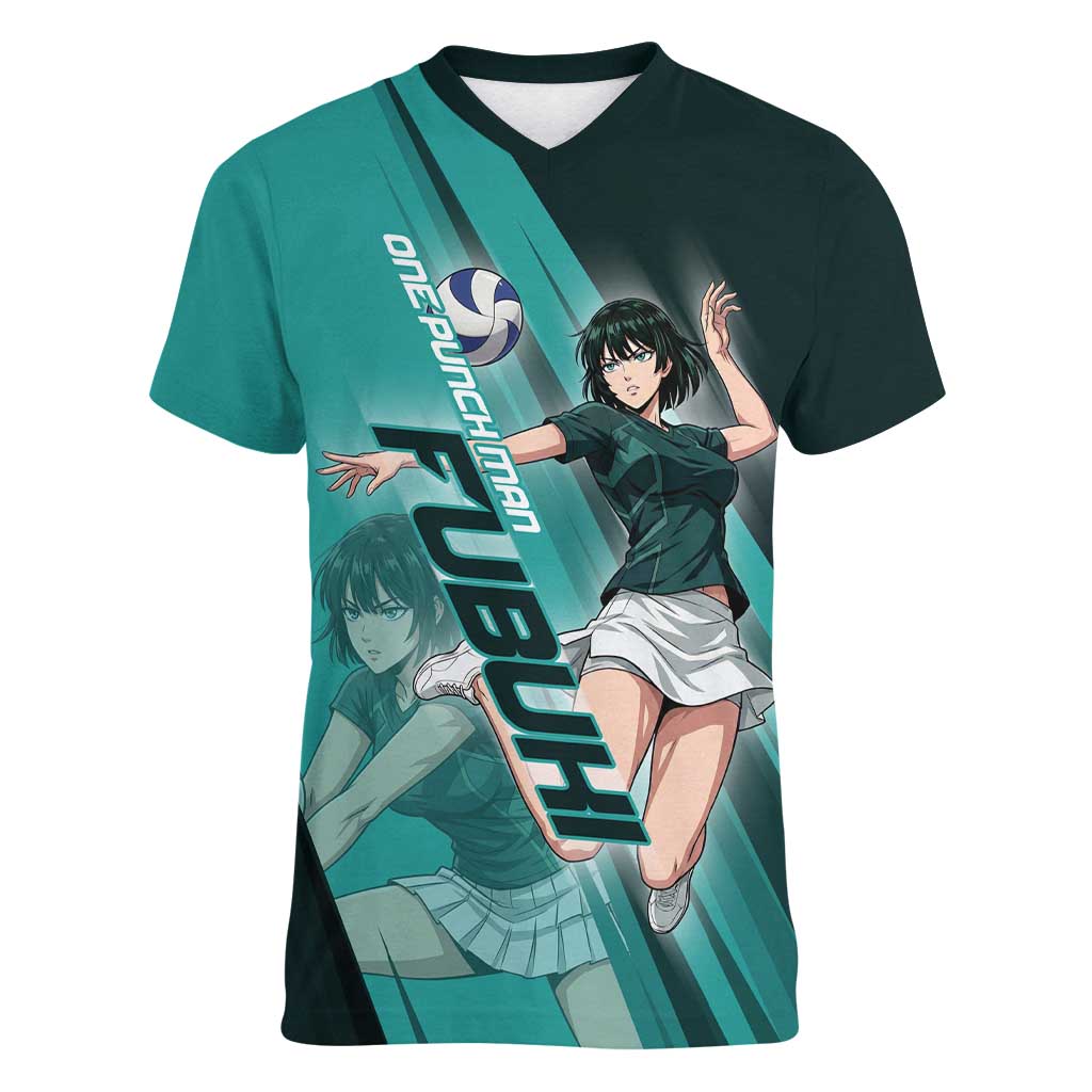 Personalized Fubuki Volleyball Design Women V-Neck T-Shirt with Teal Athletic Theme and Dynamic Action Pose