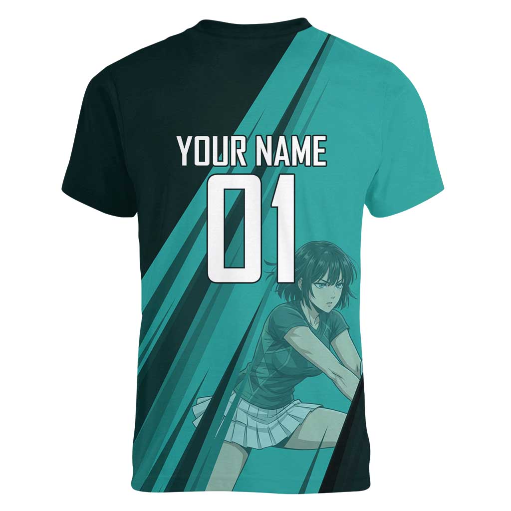 Personalized Fubuki Volleyball Design Women V-Neck T-Shirt with Teal Athletic Theme and Dynamic Action Pose