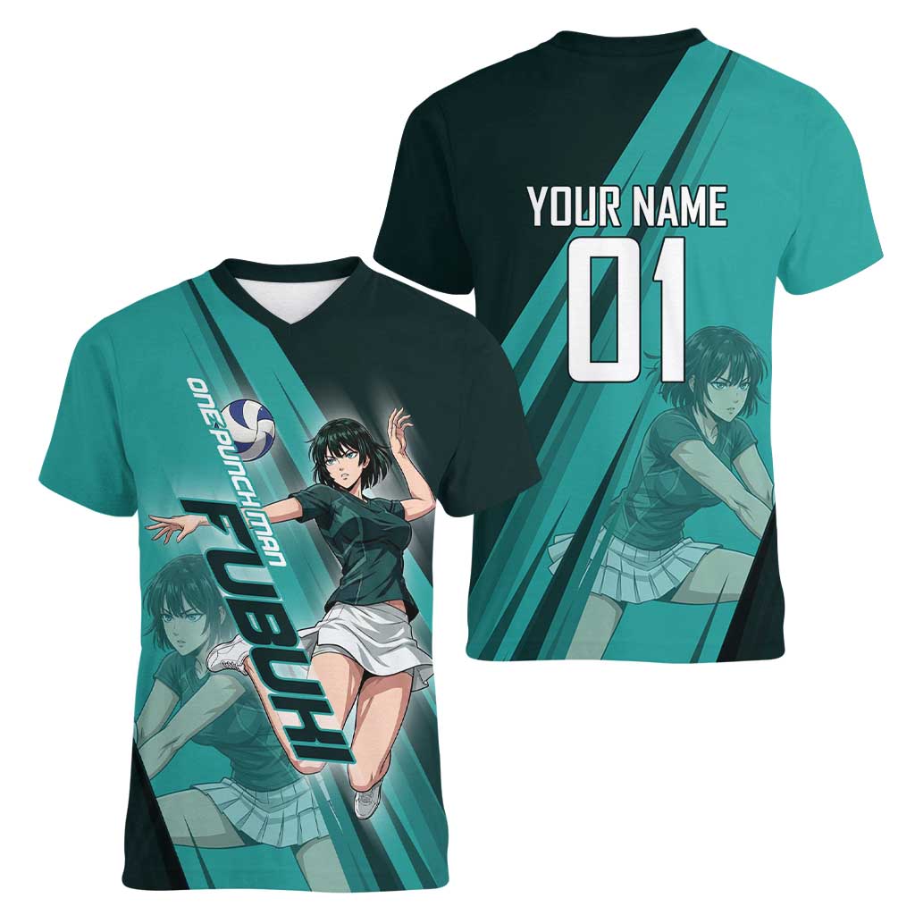 Personalized Fubuki Volleyball Design Women V-Neck T-Shirt with Teal Athletic Theme and Dynamic Action Pose