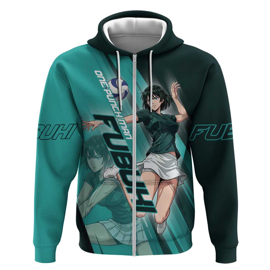 Personalized Fubuki Volleyball Design Zip Hoodie with Teal Athletic Theme and Dynamic Action Pose