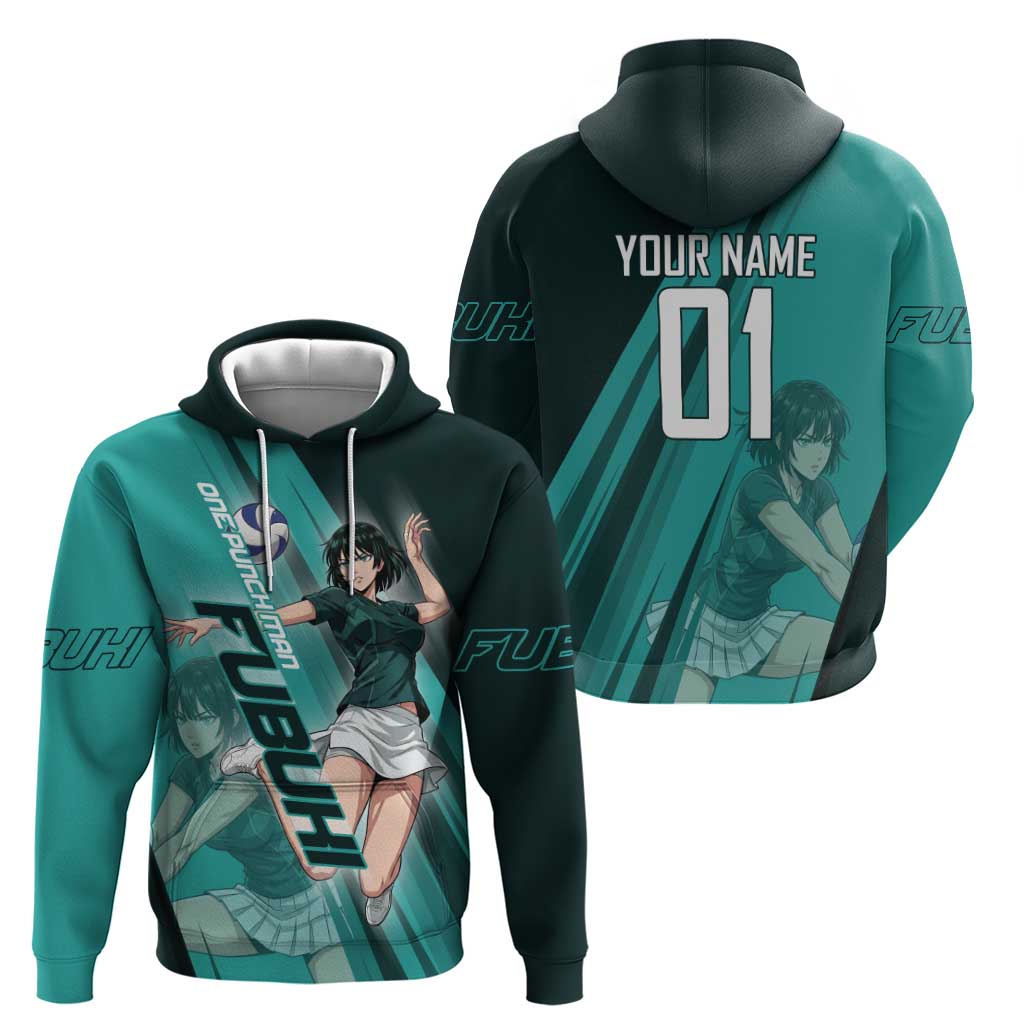 Personalized Fubuki Volleyball Design Zip Hoodie with Teal Athletic Theme and Dynamic Action Pose