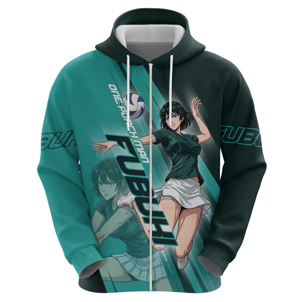 Personalized Fubuki Volleyball Design Zip Hoodie with Teal Athletic Theme and Dynamic Action Pose