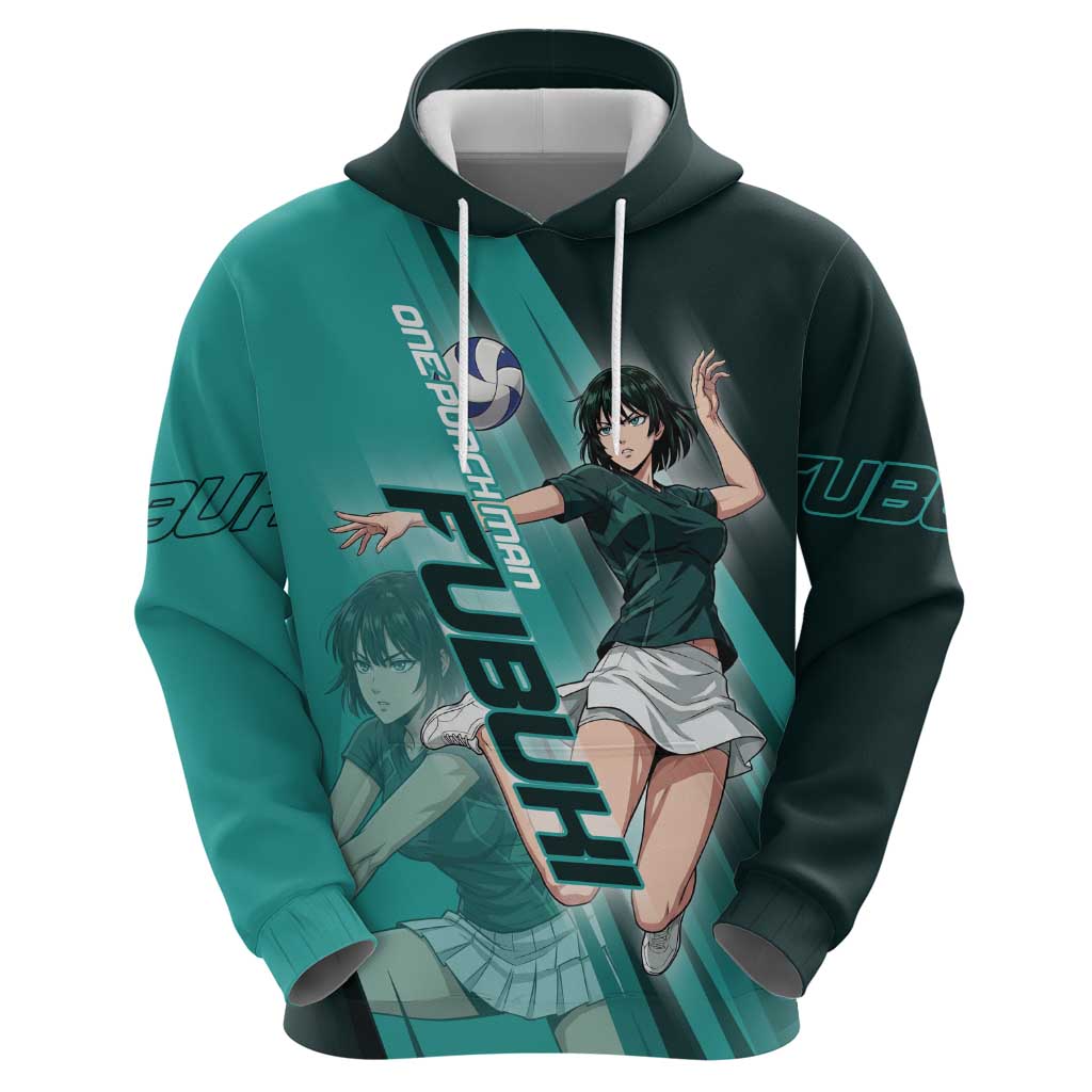 Personalized Fubuki Volleyball Design Zip Hoodie with Teal Athletic Theme and Dynamic Action Pose