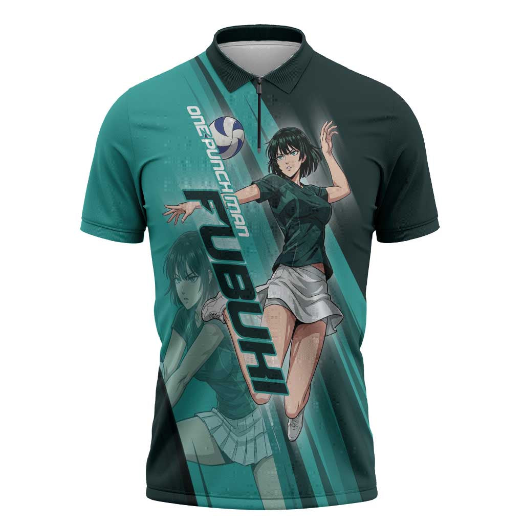 Personalized Fubuki Volleyball Design Zipper Polo Shirt with Teal Athletic Theme and Dynamic Action Pose