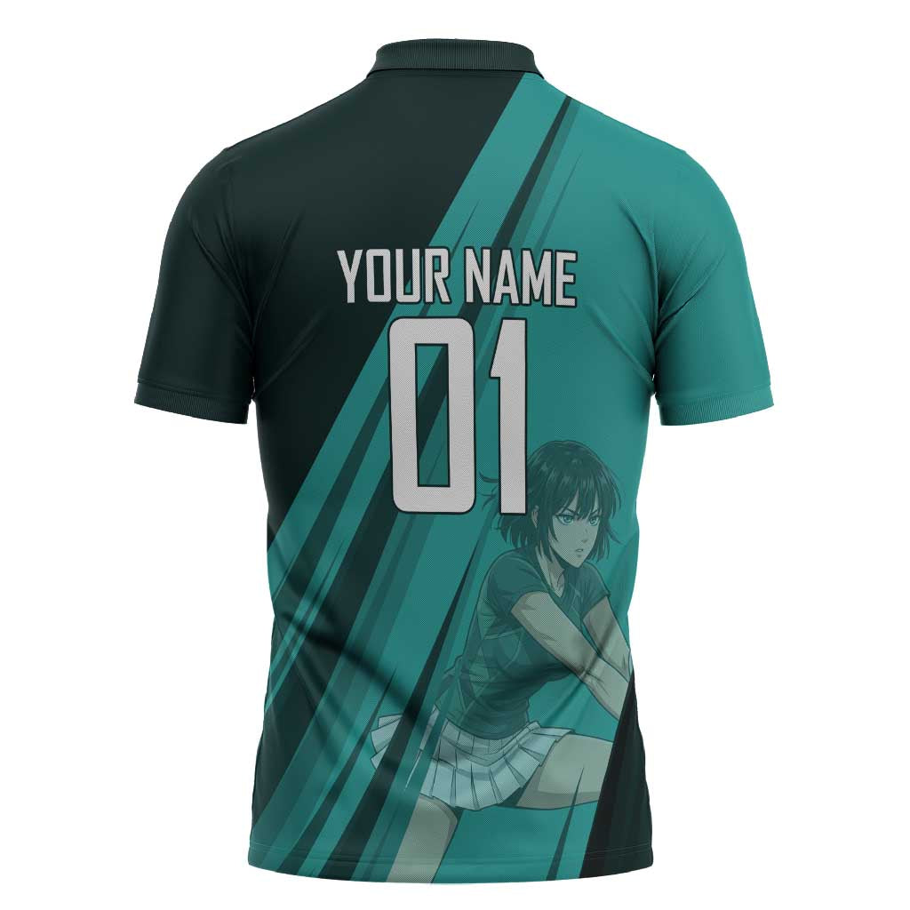 Personalized Fubuki Volleyball Design Zipper Polo Shirt with Teal Athletic Theme and Dynamic Action Pose