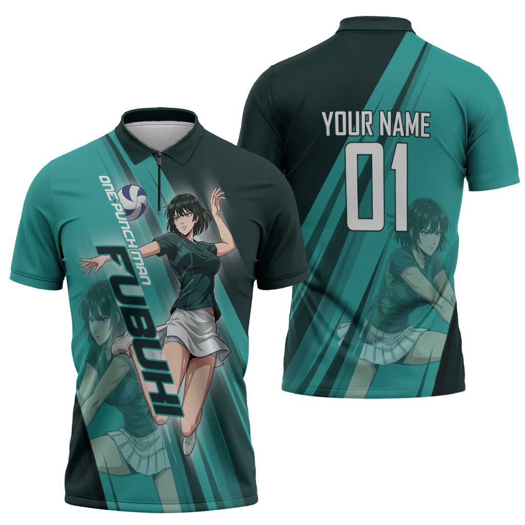 Personalized Fubuki Volleyball Design Zipper Polo Shirt with Teal Athletic Theme and Dynamic Action Pose
