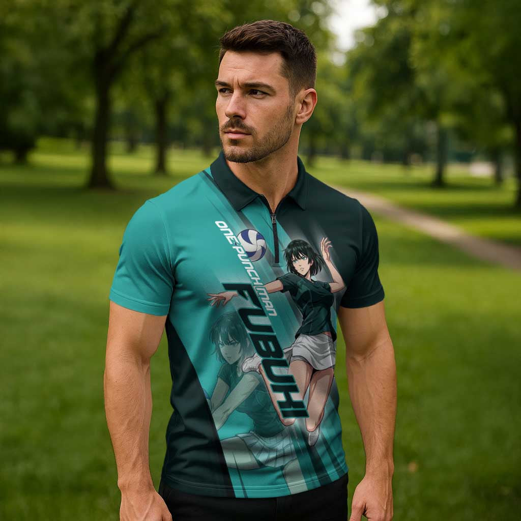 Personalized Fubuki Volleyball Design Zipper Polo Shirt with Teal Athletic Theme and Dynamic Action Pose