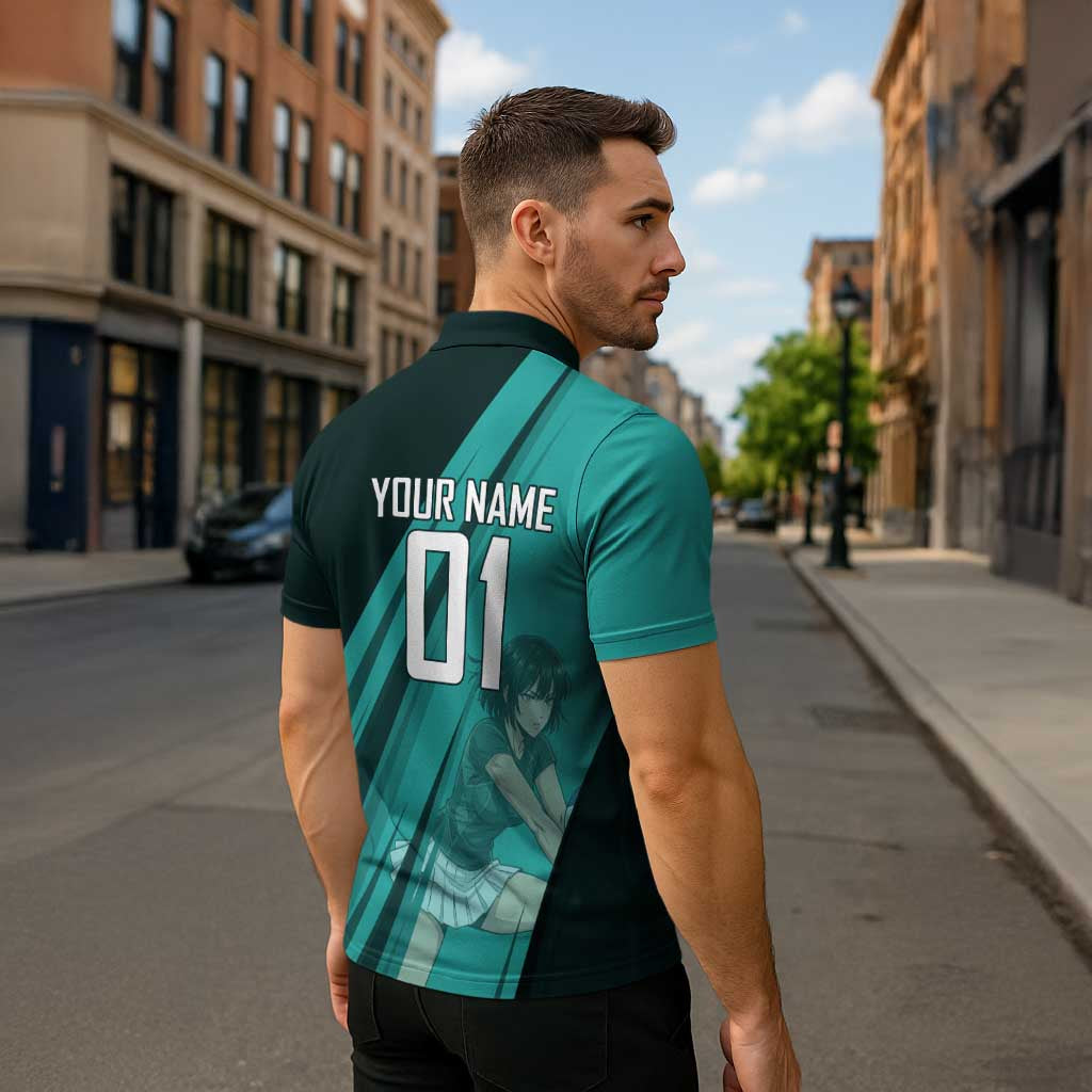 Personalized Fubuki Volleyball Design Zipper Polo Shirt with Teal Athletic Theme and Dynamic Action Pose