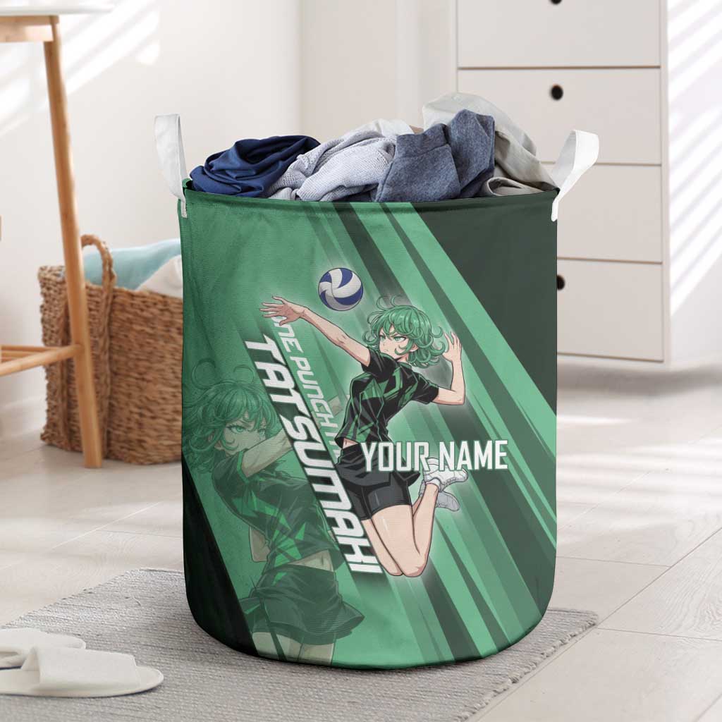 Personalized Tatsumaki Volleyball Design Laundry Basket with Green Athletic Theme and Energetic Action Pose