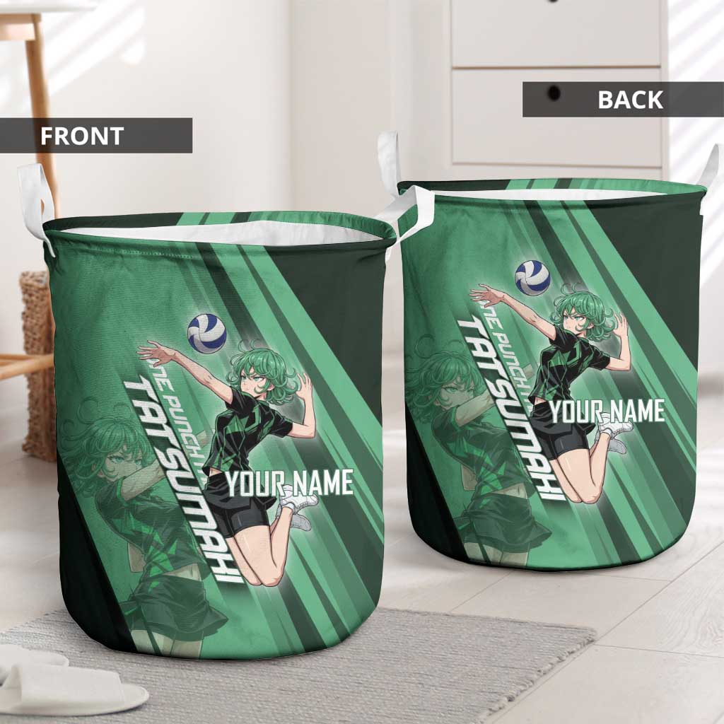Personalized Tatsumaki Volleyball Design Laundry Basket with Green Athletic Theme and Energetic Action Pose