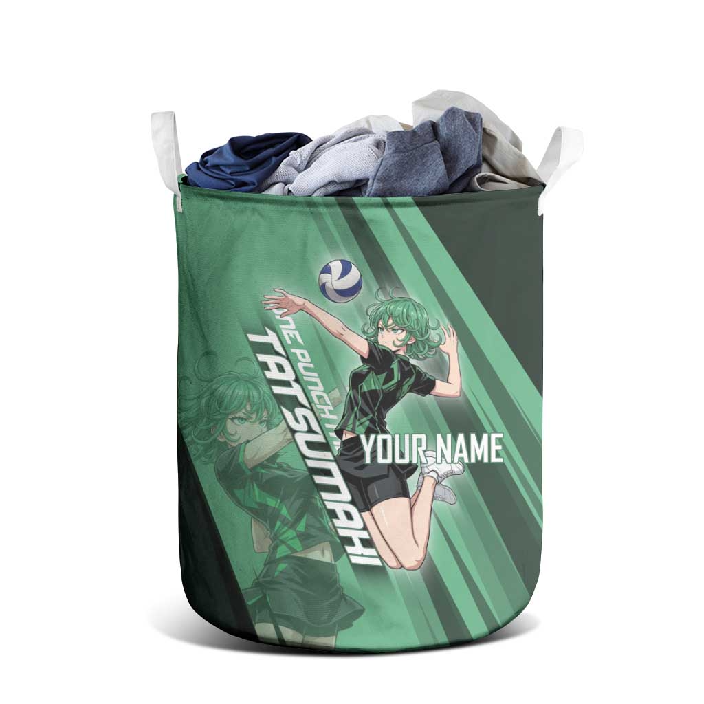 Personalized Tatsumaki Volleyball Design Laundry Basket with Green Athletic Theme and Energetic Action Pose