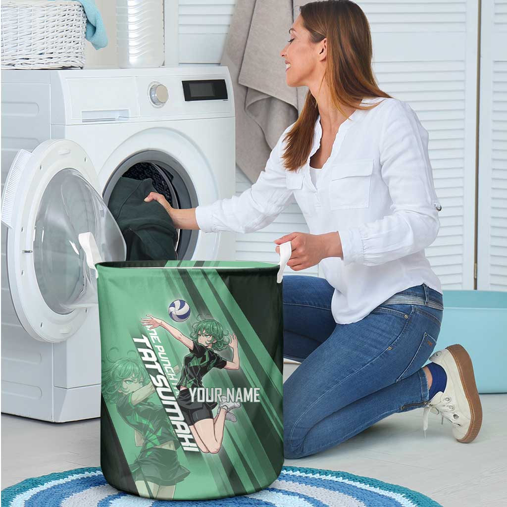 Personalized Tatsumaki Volleyball Design Laundry Basket with Green Athletic Theme and Energetic Action Pose