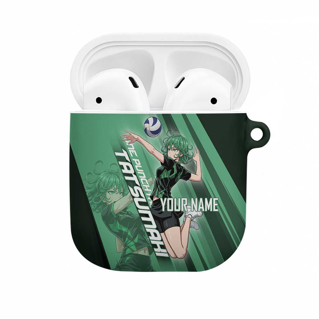 Personalized Tatsumaki Volleyball Design AirPods Case with Green Athletic Theme and Energetic Action Pose
