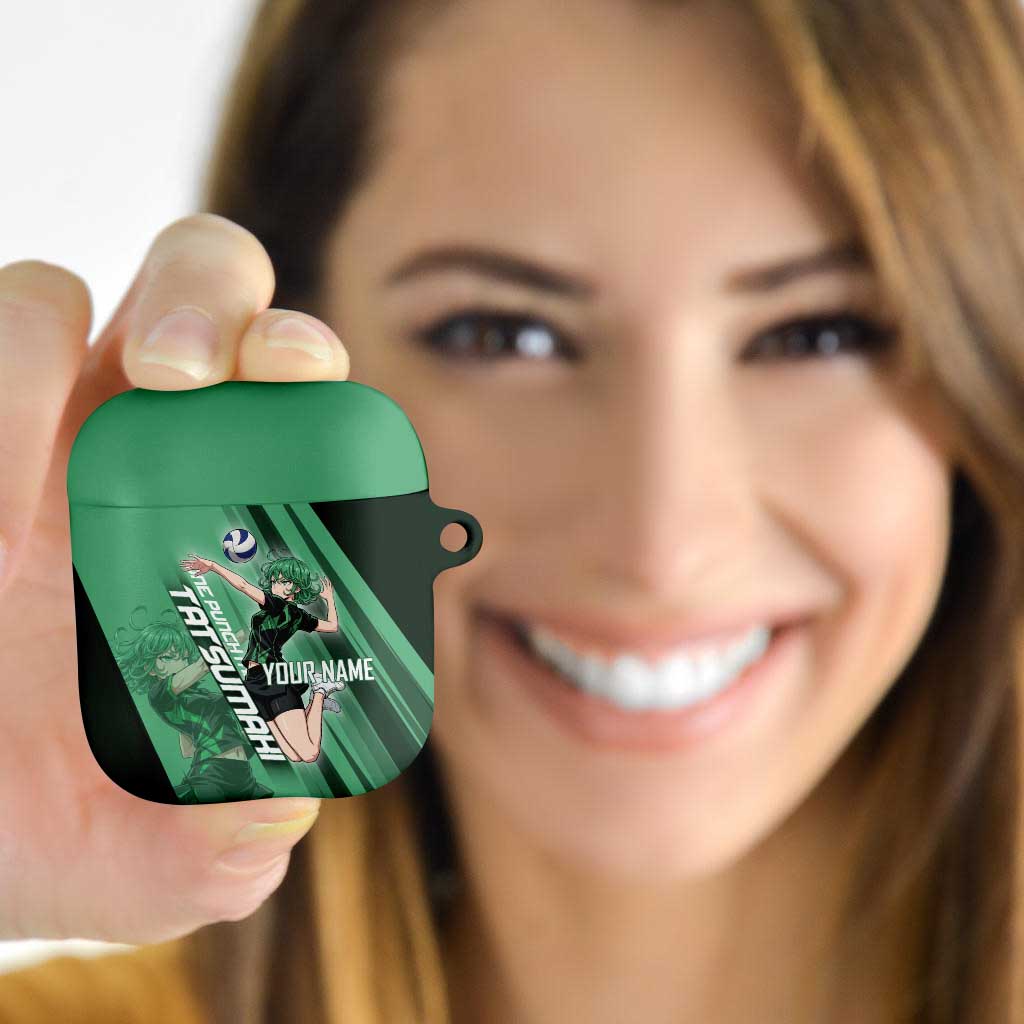 Personalized Tatsumaki Volleyball Design AirPods Case with Green Athletic Theme and Energetic Action Pose
