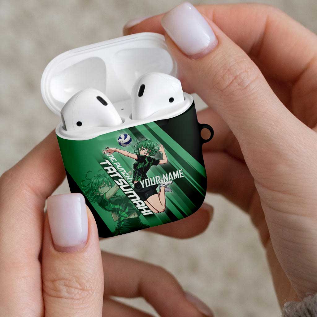 Personalized Tatsumaki Volleyball Design AirPods Case with Green Athletic Theme and Energetic Action Pose
