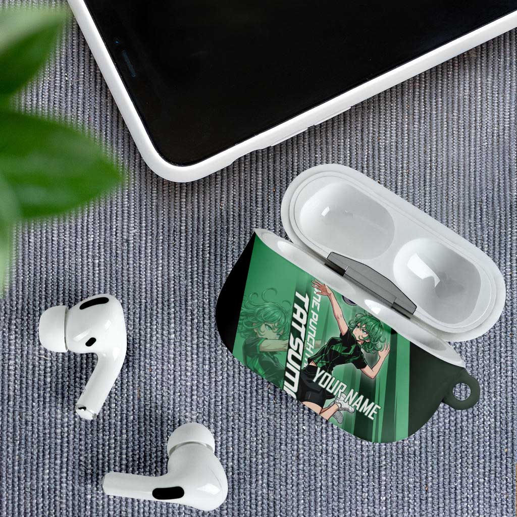 Personalized Tatsumaki Volleyball Design AirPods Case with Green Athletic Theme and Energetic Action Pose
