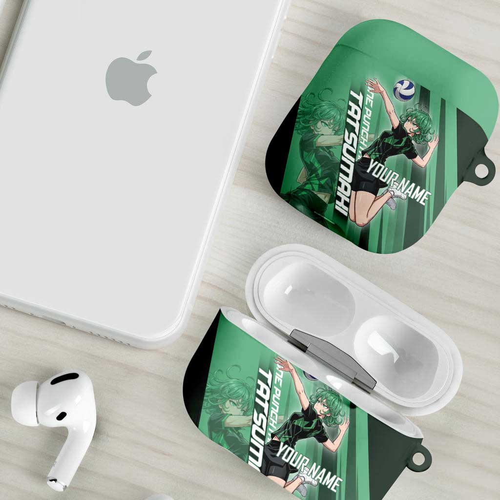 Personalized Tatsumaki Volleyball Design AirPods Case with Green Athletic Theme and Energetic Action Pose