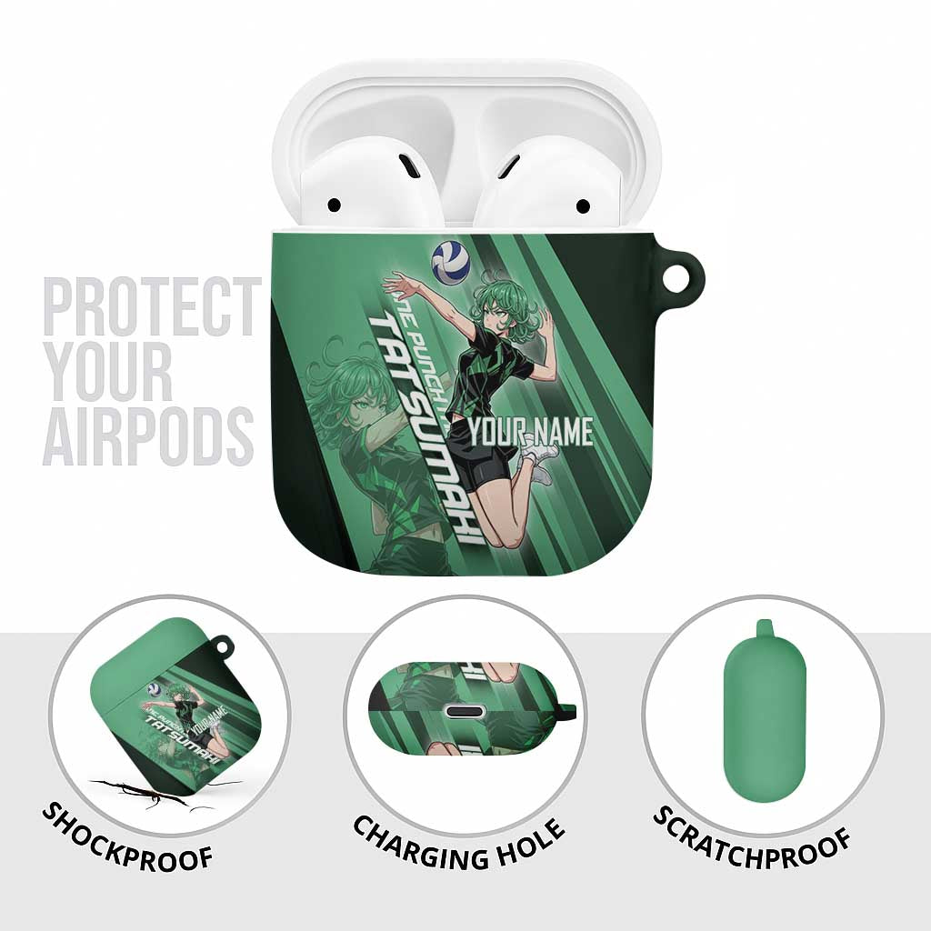 Personalized Tatsumaki Volleyball Design AirPods Case with Green Athletic Theme and Energetic Action Pose