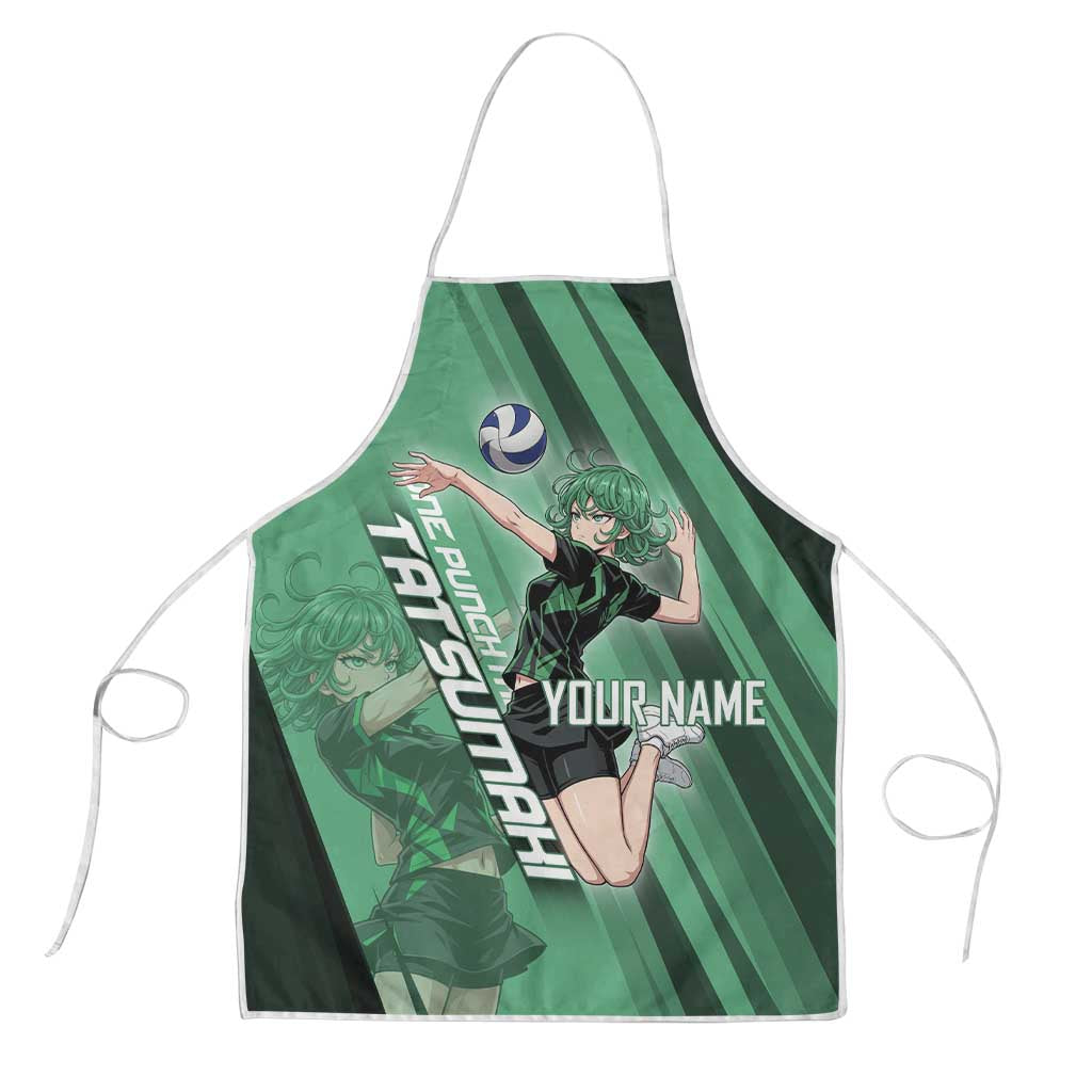 Personalized Tatsumaki Volleyball Design Apron with Green Athletic Theme and Energetic Action Pose