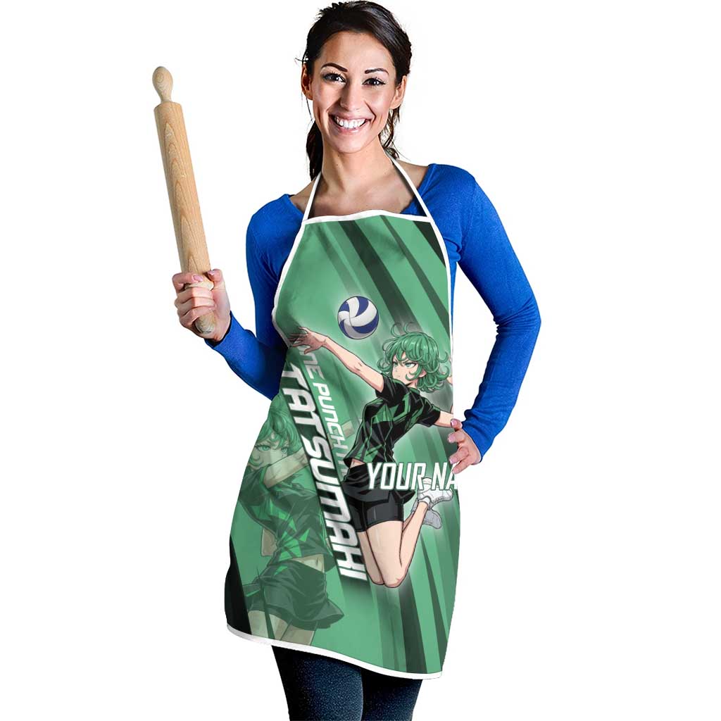Personalized Tatsumaki Volleyball Design Apron with Green Athletic Theme and Energetic Action Pose