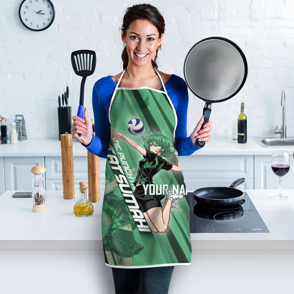 Personalized Tatsumaki Volleyball Design Apron with Green Athletic Theme and Energetic Action Pose