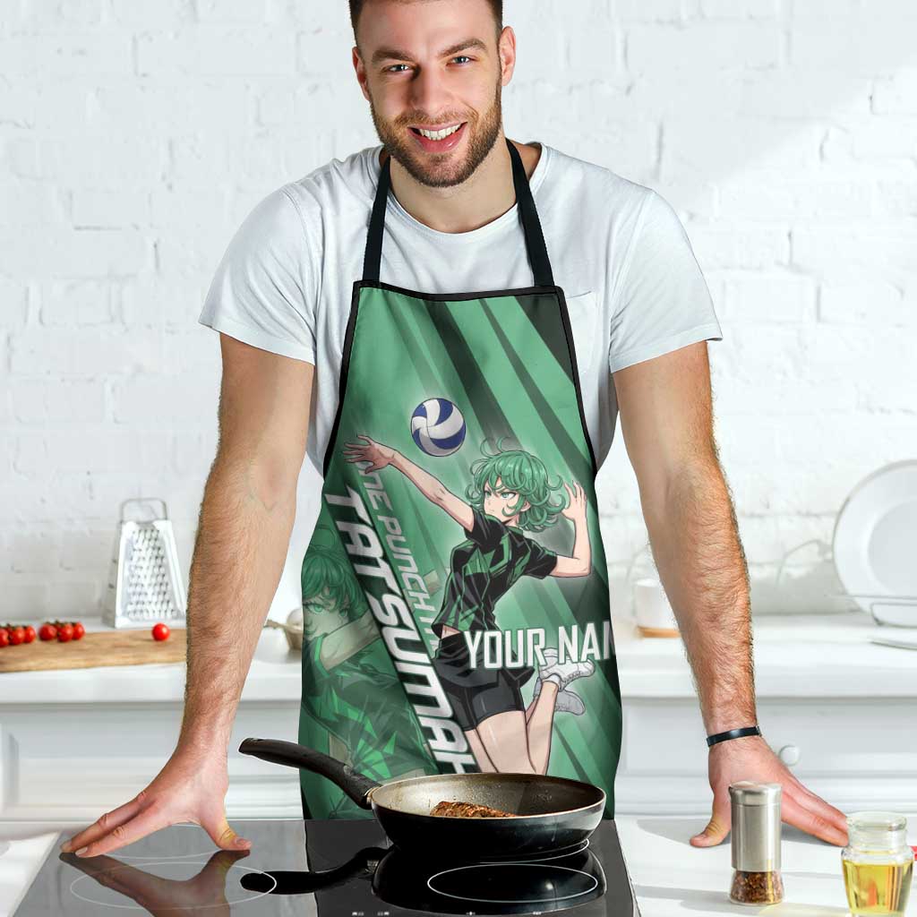 Personalized Tatsumaki Volleyball Design Apron with Green Athletic Theme and Energetic Action Pose