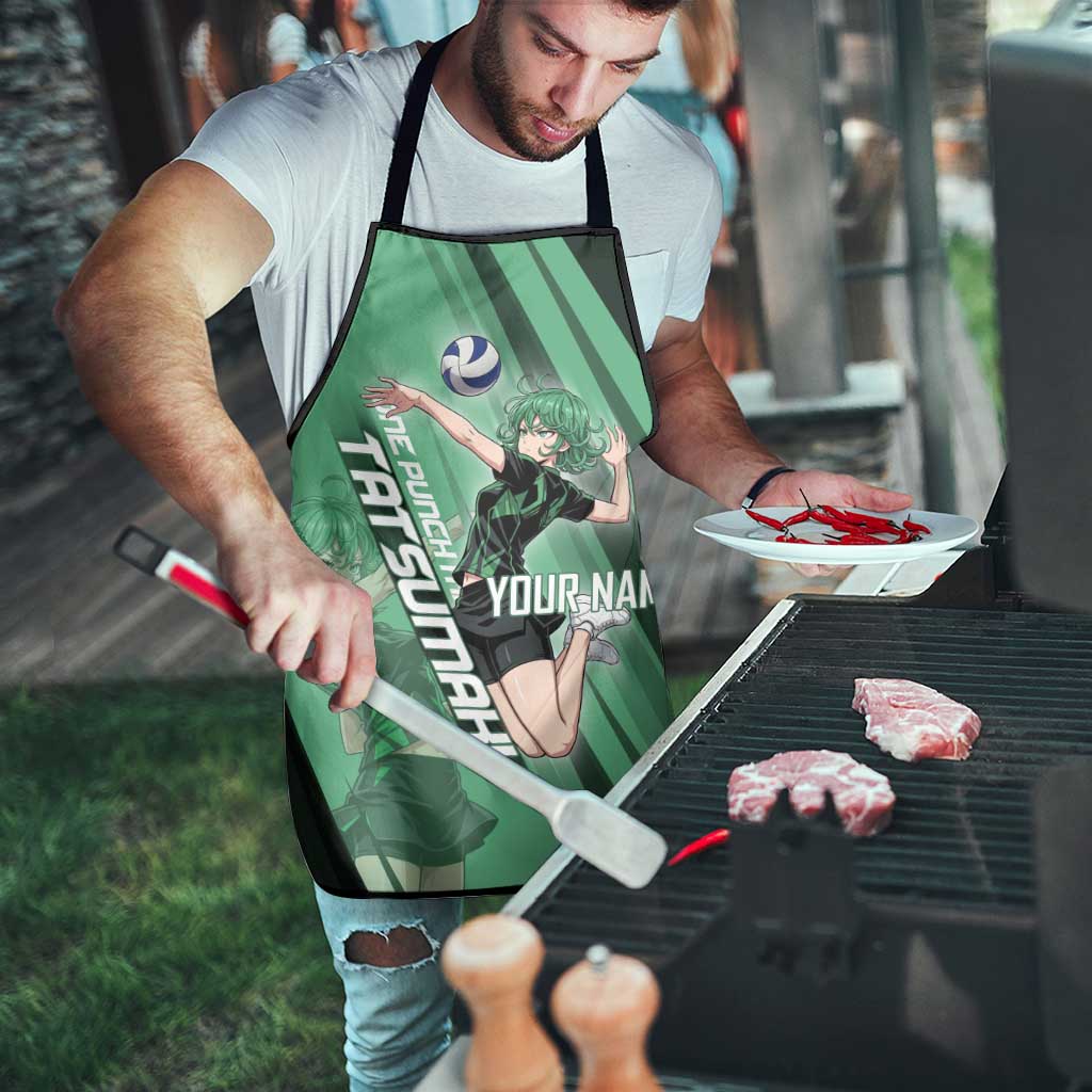 Personalized Tatsumaki Volleyball Design Apron with Green Athletic Theme and Energetic Action Pose