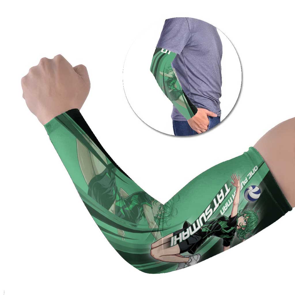 Personalized Tatsumaki Volleyball Design Arm Sleeves with Green Athletic Theme and Energetic Action Pose
