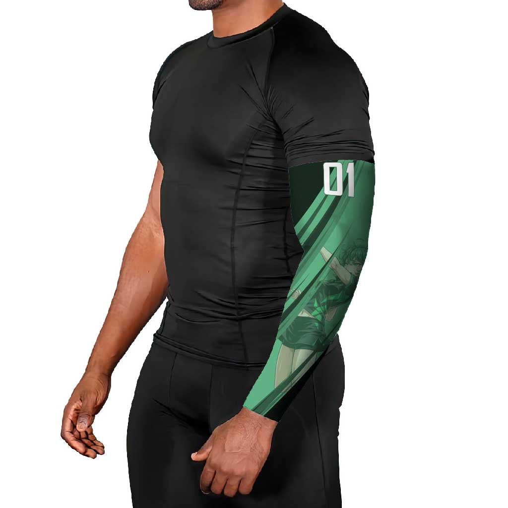 Personalized Tatsumaki Volleyball Design Arm Sleeves with Green Athletic Theme and Energetic Action Pose
