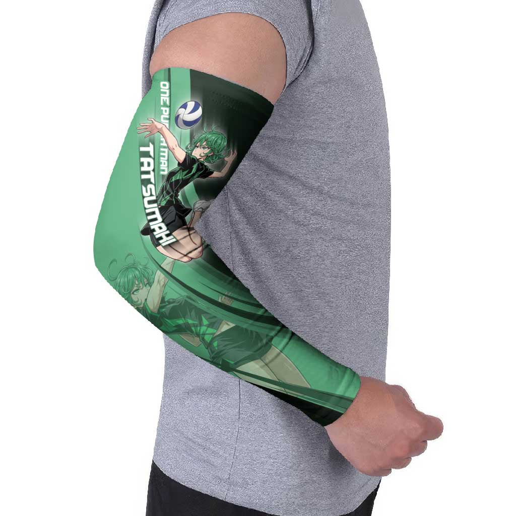 Personalized Tatsumaki Volleyball Design Arm Sleeves with Green Athletic Theme and Energetic Action Pose