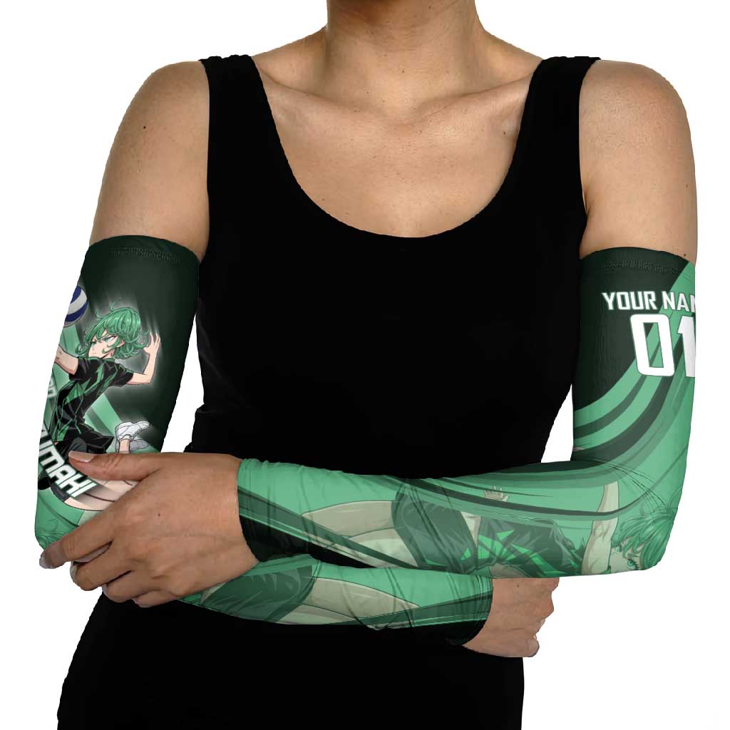 Personalized Tatsumaki Volleyball Design Arm Sleeves with Green Athletic Theme and Energetic Action Pose