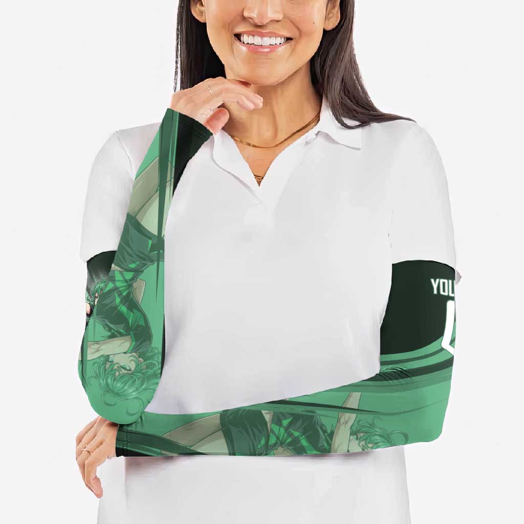 Personalized Tatsumaki Volleyball Design Arm Sleeves with Green Athletic Theme and Energetic Action Pose