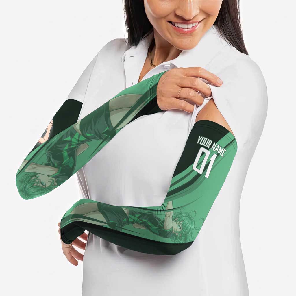 Personalized Tatsumaki Volleyball Design Arm Sleeves with Green Athletic Theme and Energetic Action Pose