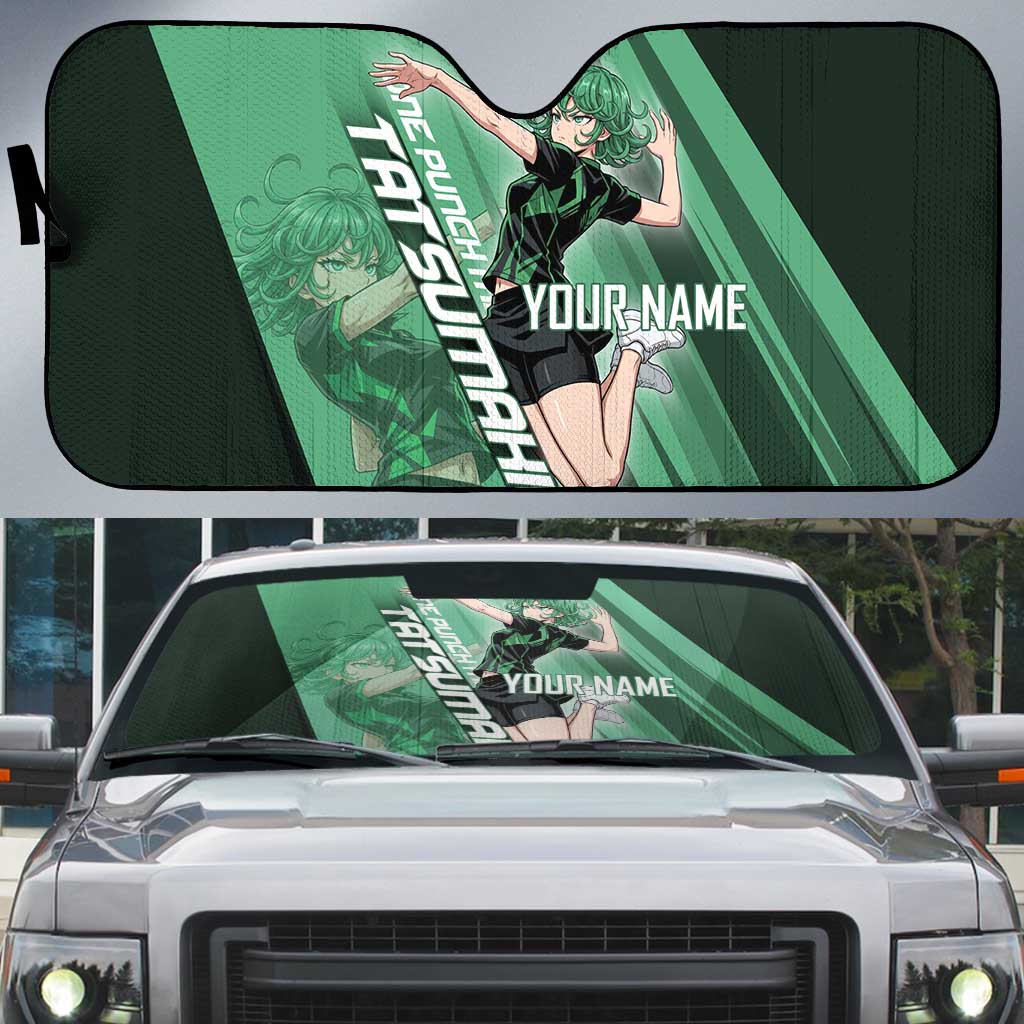 Personalized Tatsumaki Volleyball Design Auto Sun Shade with Green Athletic Theme and Energetic Action Pose