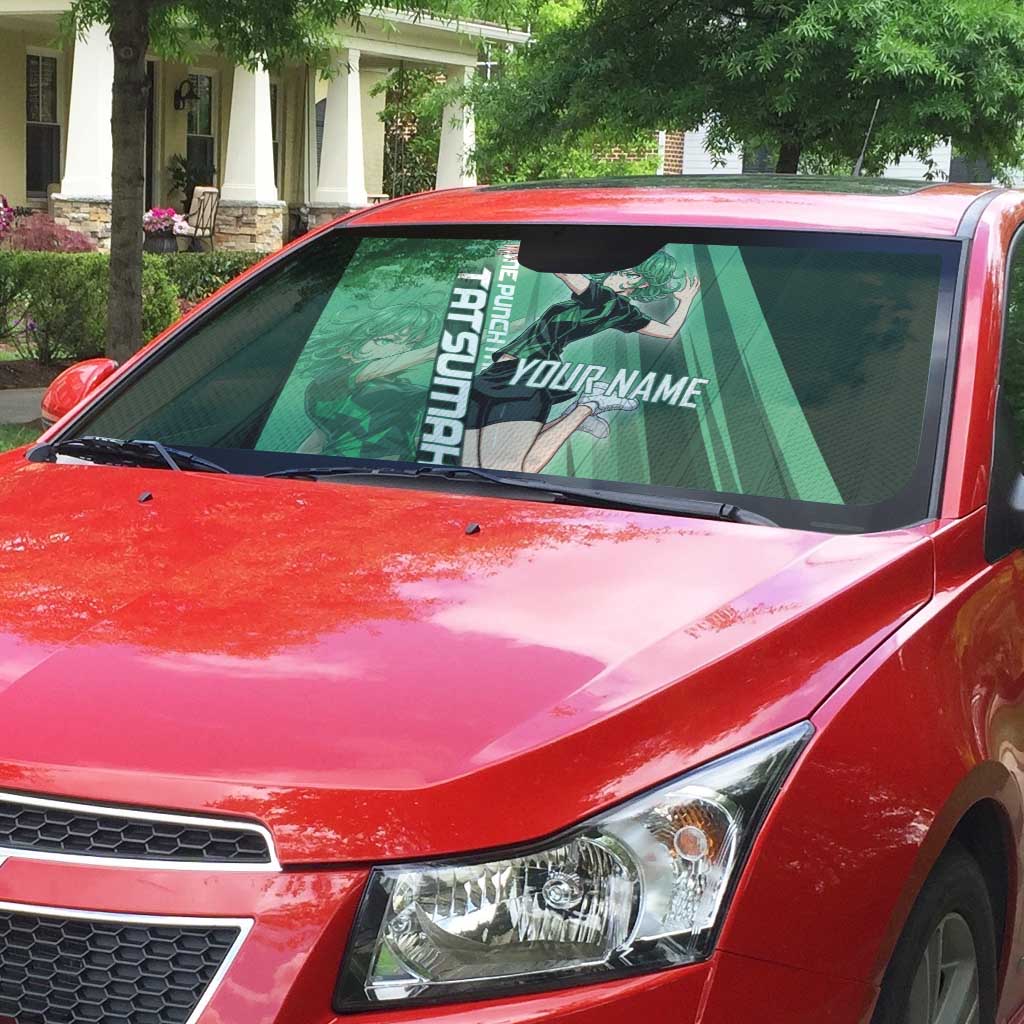 Personalized Tatsumaki Volleyball Design Auto Sun Shade with Green Athletic Theme and Energetic Action Pose