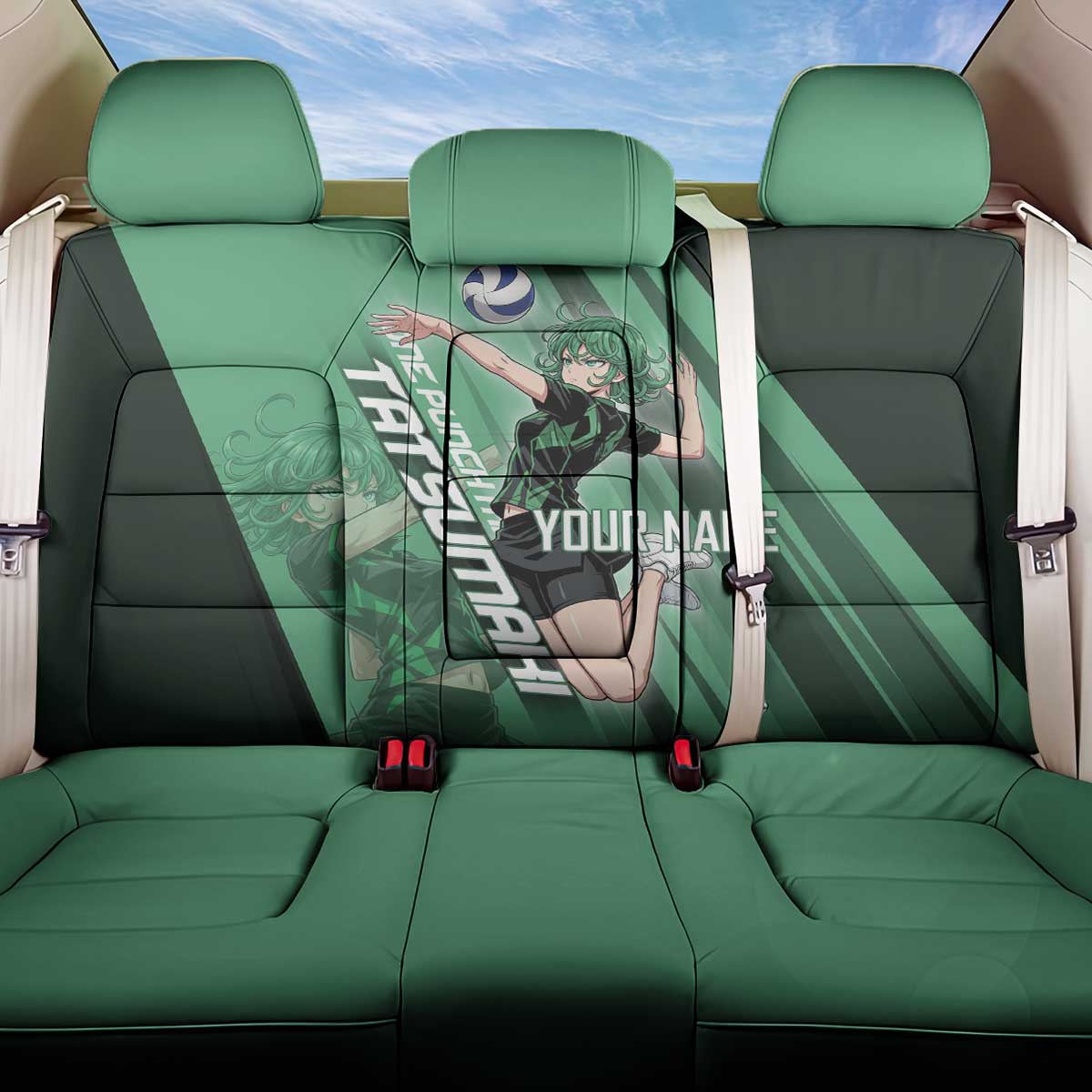 Personalized Tatsumaki Volleyball Design Back Car Seat Cover with Green Athletic Theme and Energetic Action Pose